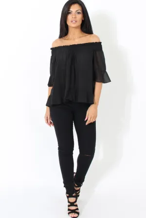 Black Bardot Frill Sleeve Top- Becka