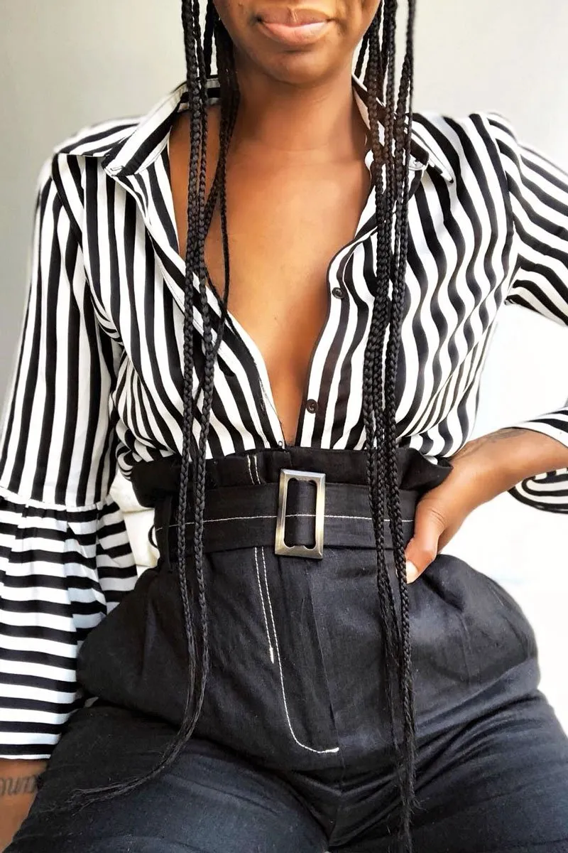 Black and White Striped Shirt with Bell Sleeves - Harper