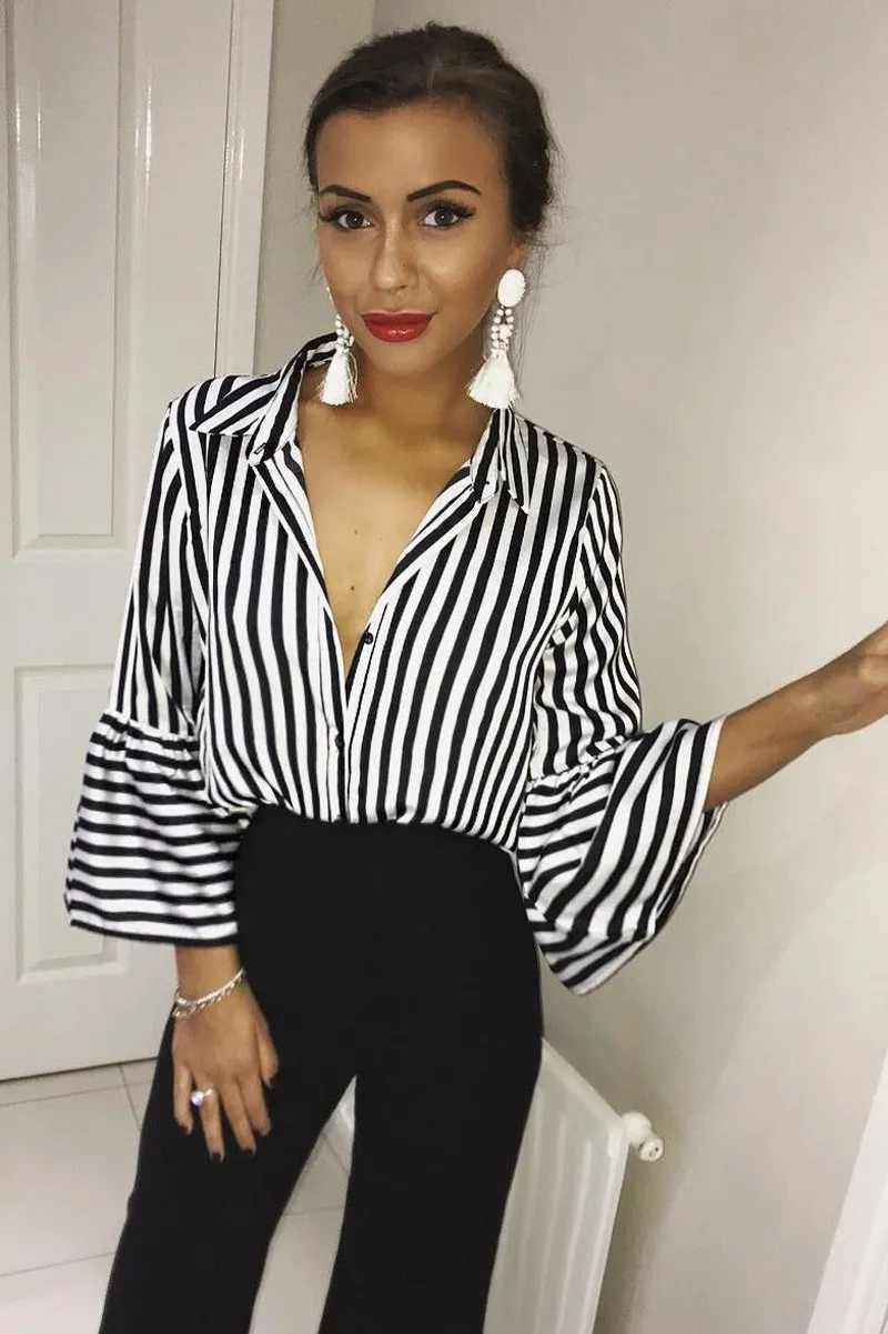 Black and White Striped Shirt with Bell Sleeves - Harper