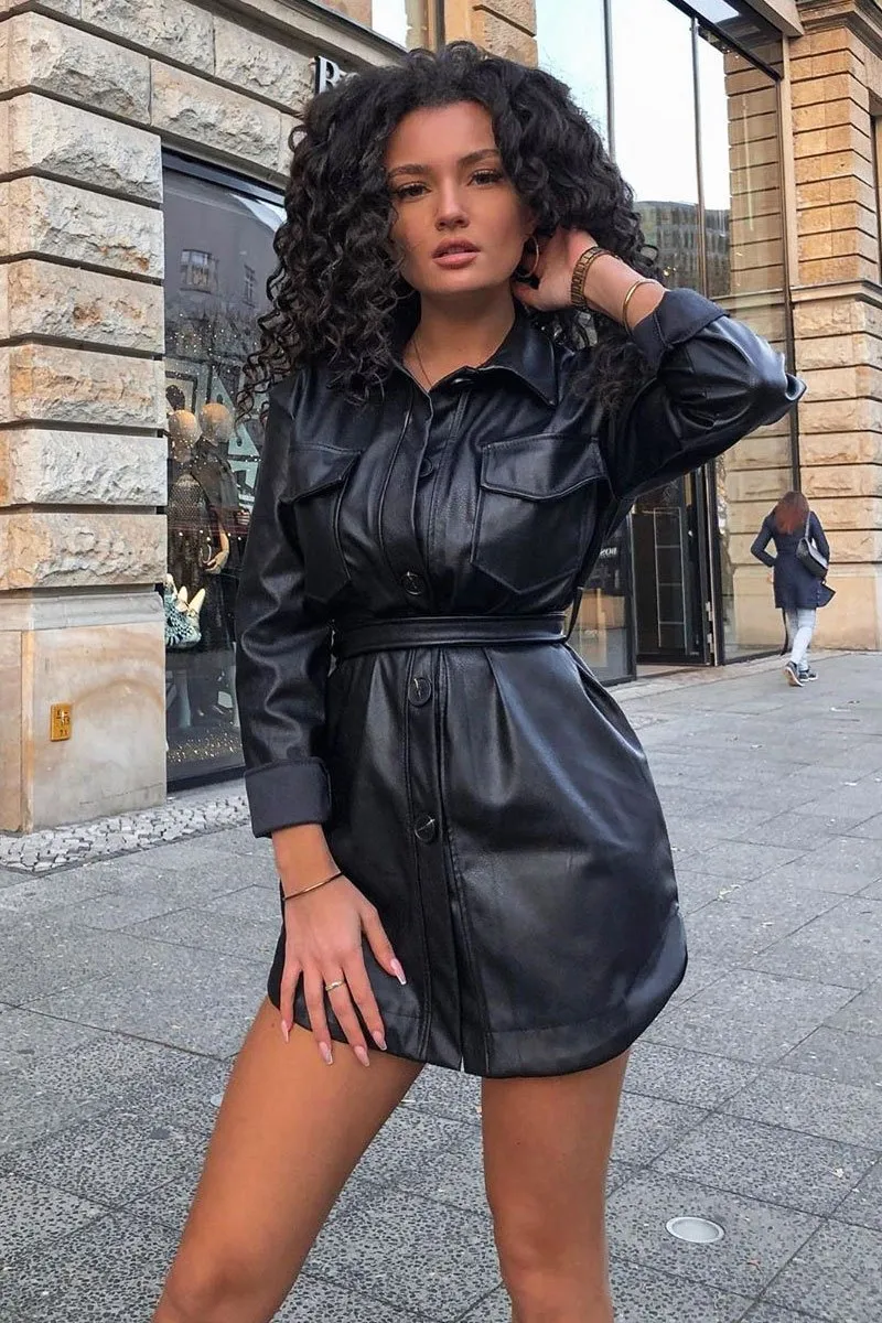 Black Faux Leather Utility Shirt Dress - Hailey