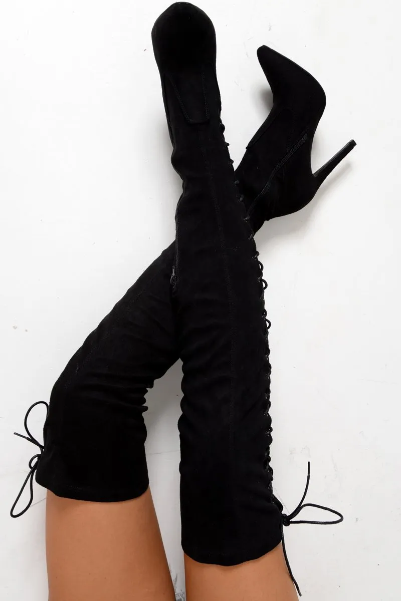 Black Faux Suede Lace Up Side Thigh High Boots - Giavanni