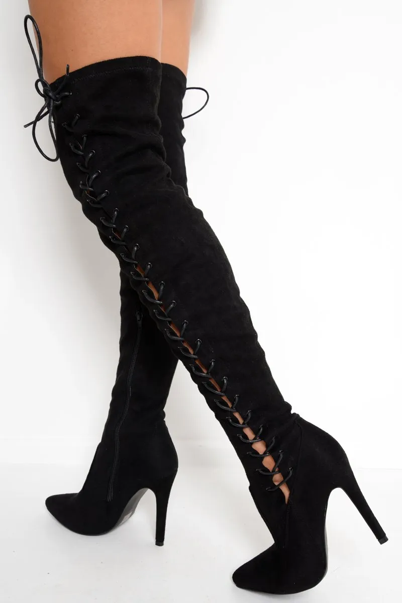 Black Faux Suede Lace Up Side Thigh High Boots - Giavanni