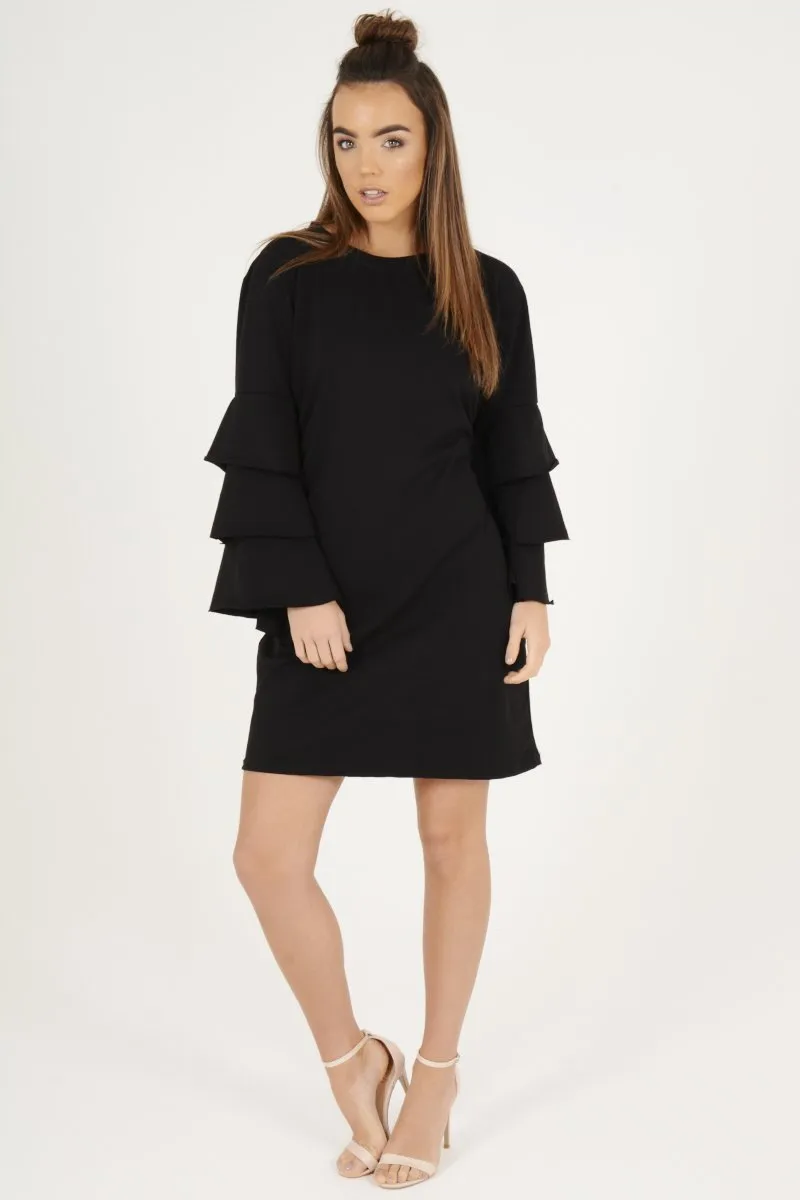 Black Frilled Sleeve Swing Dress - Aaria