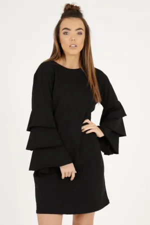 Black Frilled Sleeve Swing Dress - Aaria