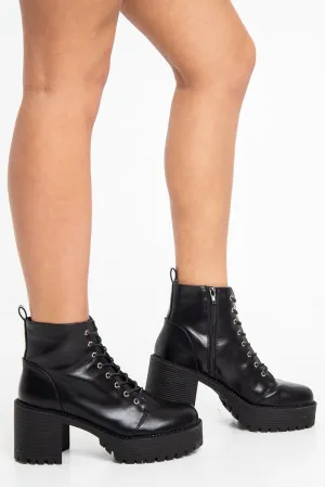 Black PU Lace Up Platform Block Heel Boots - Tiane