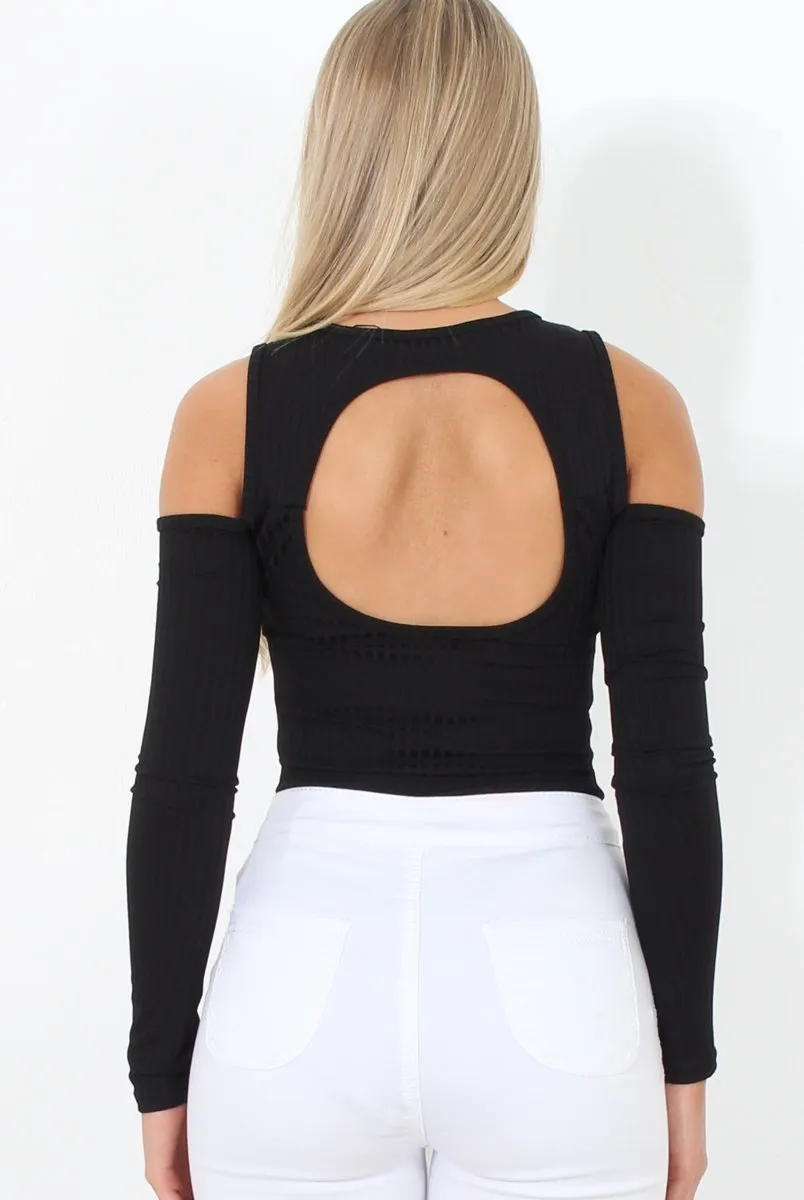 Black Ribbed Cold Shoulder Bodysuit - Gigi