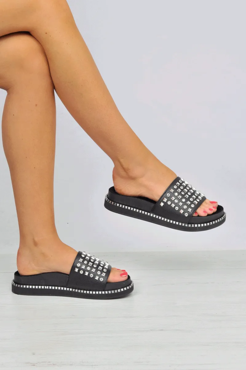 Black Studded Flatform Sandals - Shira