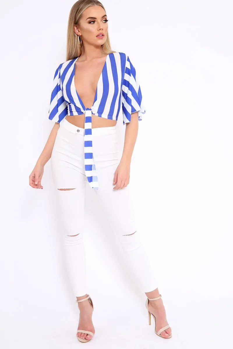 Blue and White Striped Tie Front Crop Top - Yoanna