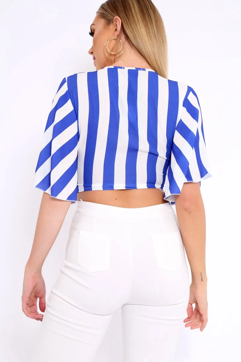 Blue and White Striped Tie Front Crop Top - Yoanna