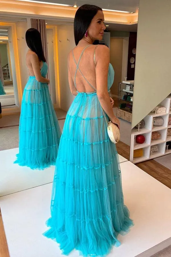 Blue V Neck Tulle Long Prom Dress Blue Tulle Formal Dress PSK337