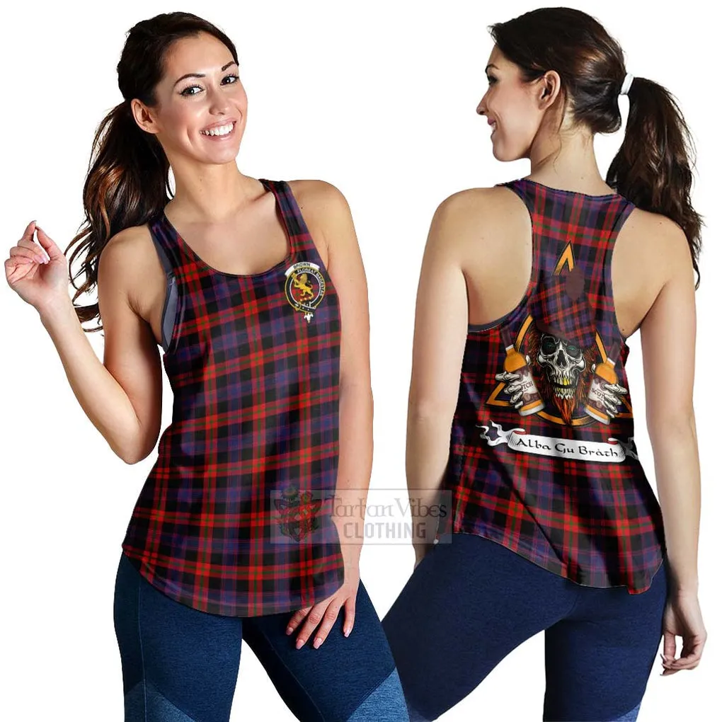 Brown (Broun) Tartan Women's Racerback Tanks with Family Crest and Bearded Skull Holding Bottles of Whiskey