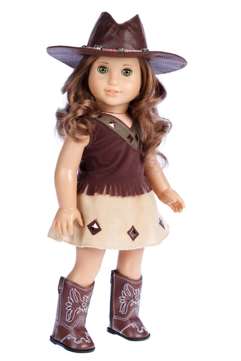 Cowgirl - Clothes for 18 inch Doll - 4 Piece Outfit - Cowgirl Hat, Skirt, Top and Cowgirl boots