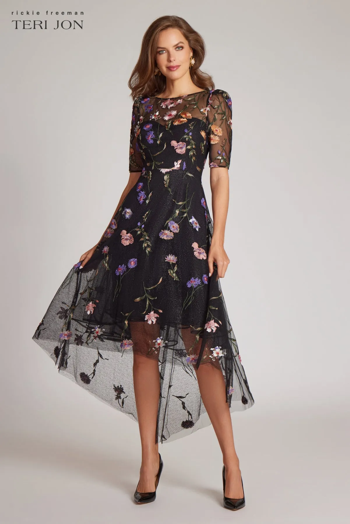 Embroidered Floral Tulle Fit and Flare Dress