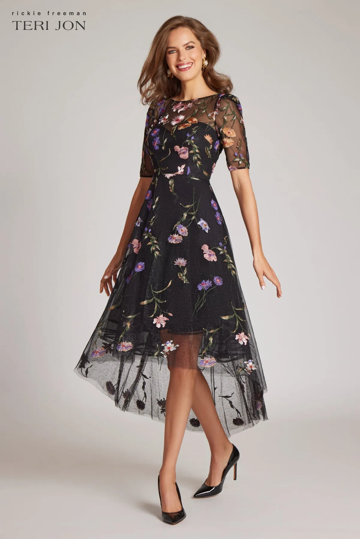 Embroidered Floral Tulle Fit and Flare Dress