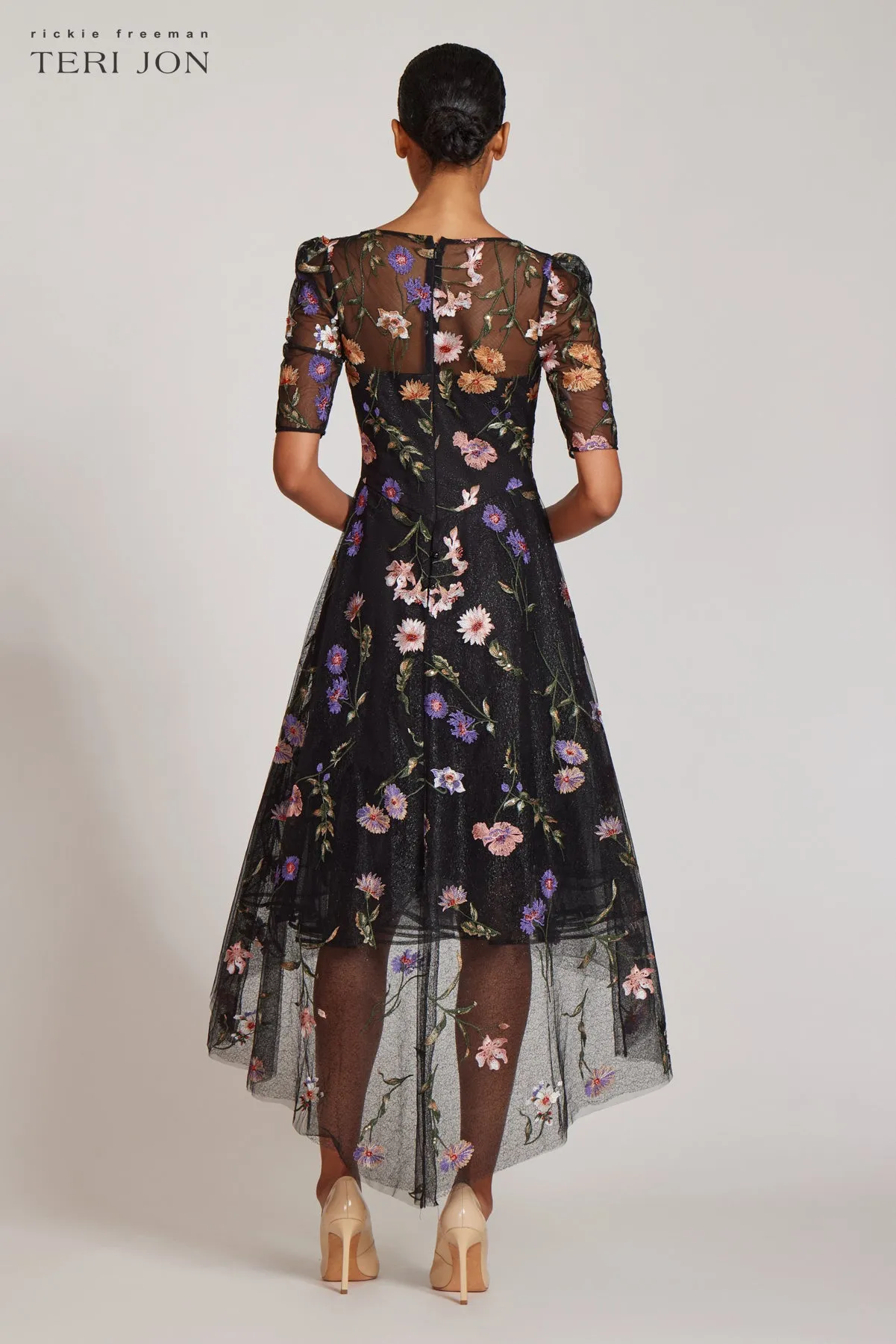 Embroidered Floral Tulle Fit and Flare Dress