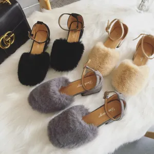 Fluffu Faux Fur Closed Toe Ankle Buckle Flat Sandals