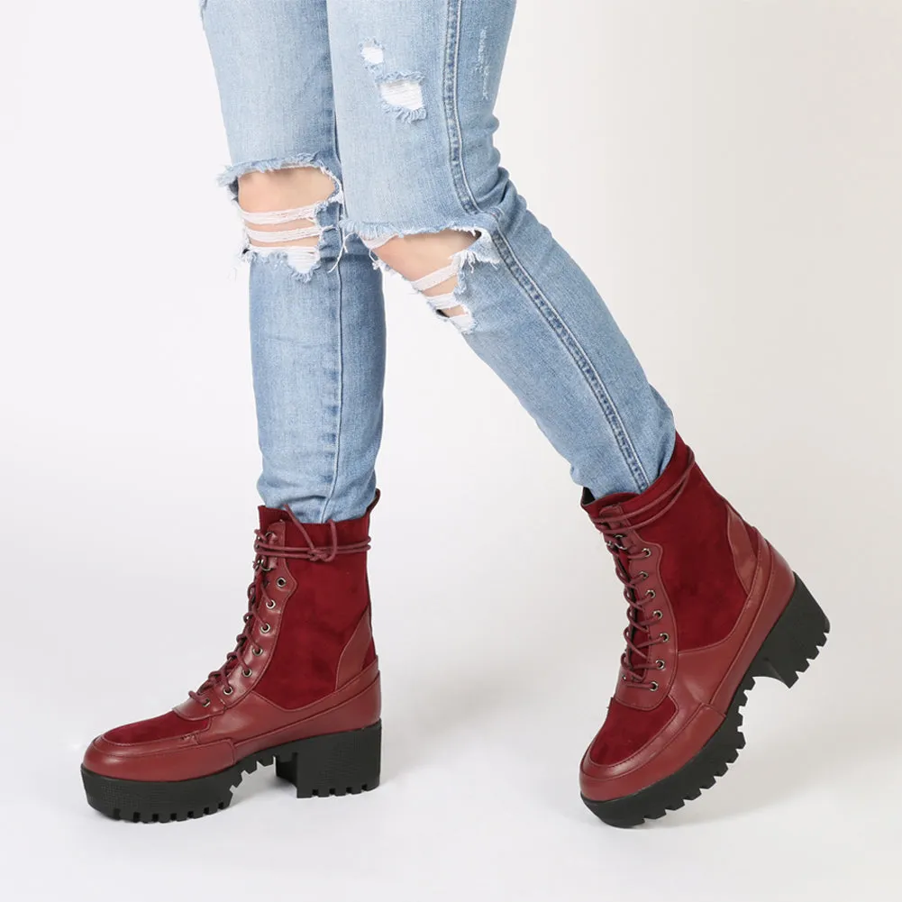 Khloe Chunky Sole Lace Up Ankle Boot in Bordeaux