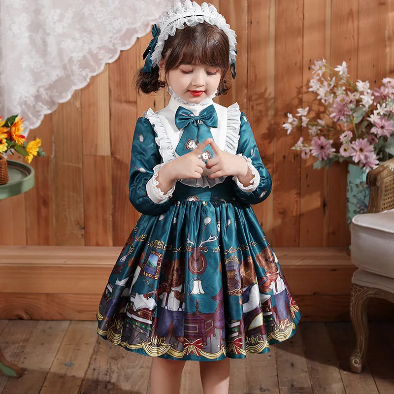 Lolita Children's Princess Dress Fashionable Fleece-Lined Christmas Dress Cartoon Long Sleeve Girls' Dress