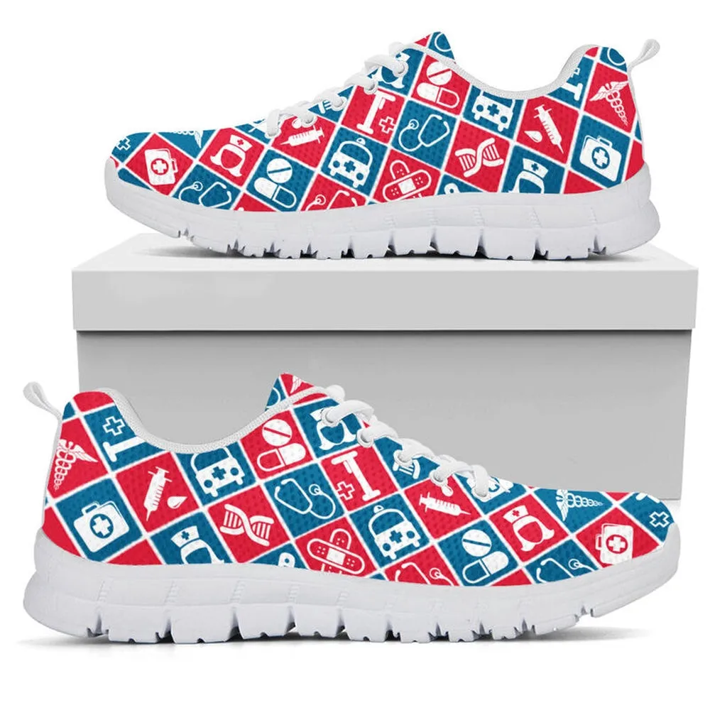 Nurse Sneaker, Nurse Pattern Red Blue Shoes Sneakers Shoes, Best Shoes For Nurses