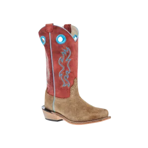 Old West Kid's Camel Suede Cutter Toe With Shaft Leather Sole Cloudy Red Boots