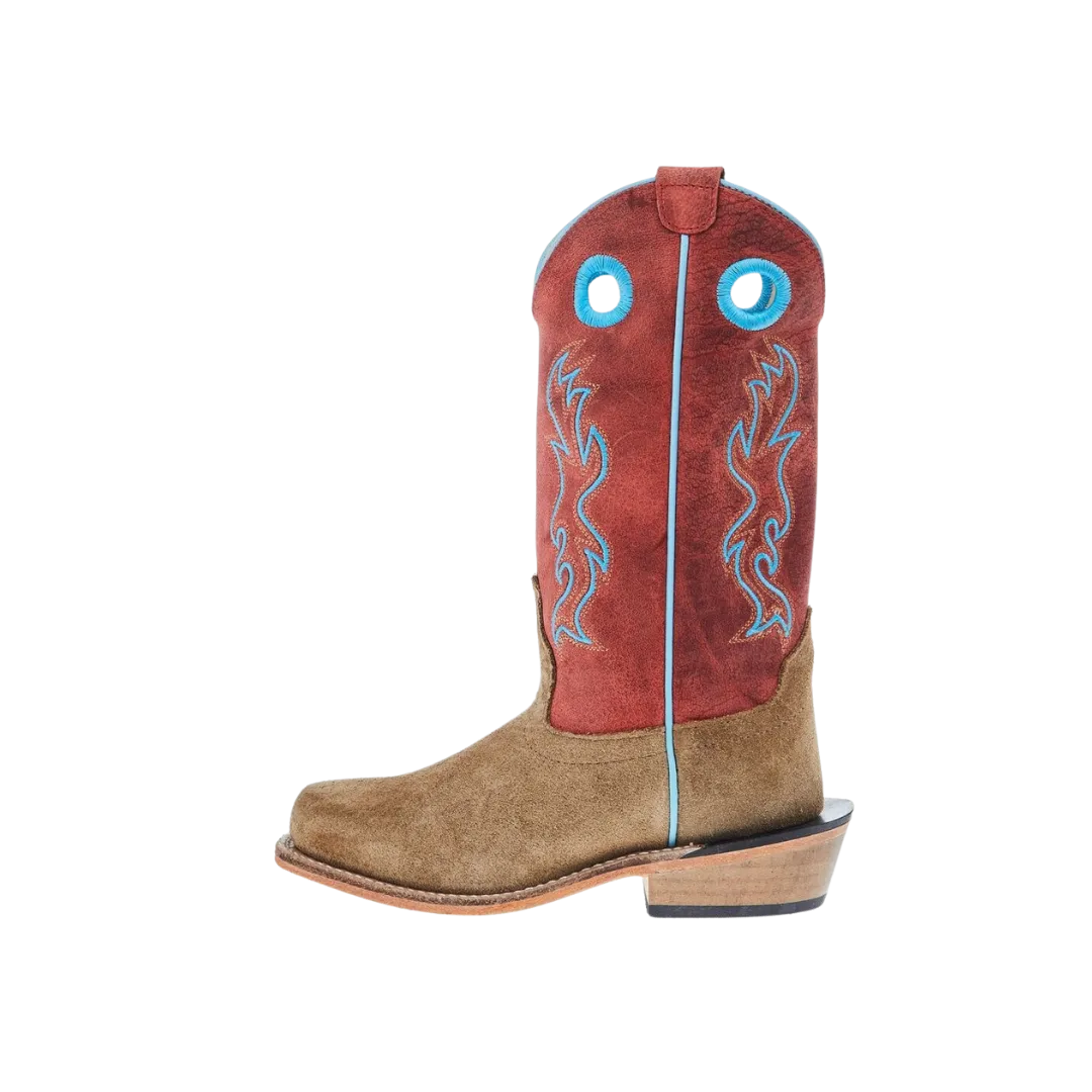 Old West Kid's Camel Suede Cutter Toe With Shaft Leather Sole Cloudy Red Boots