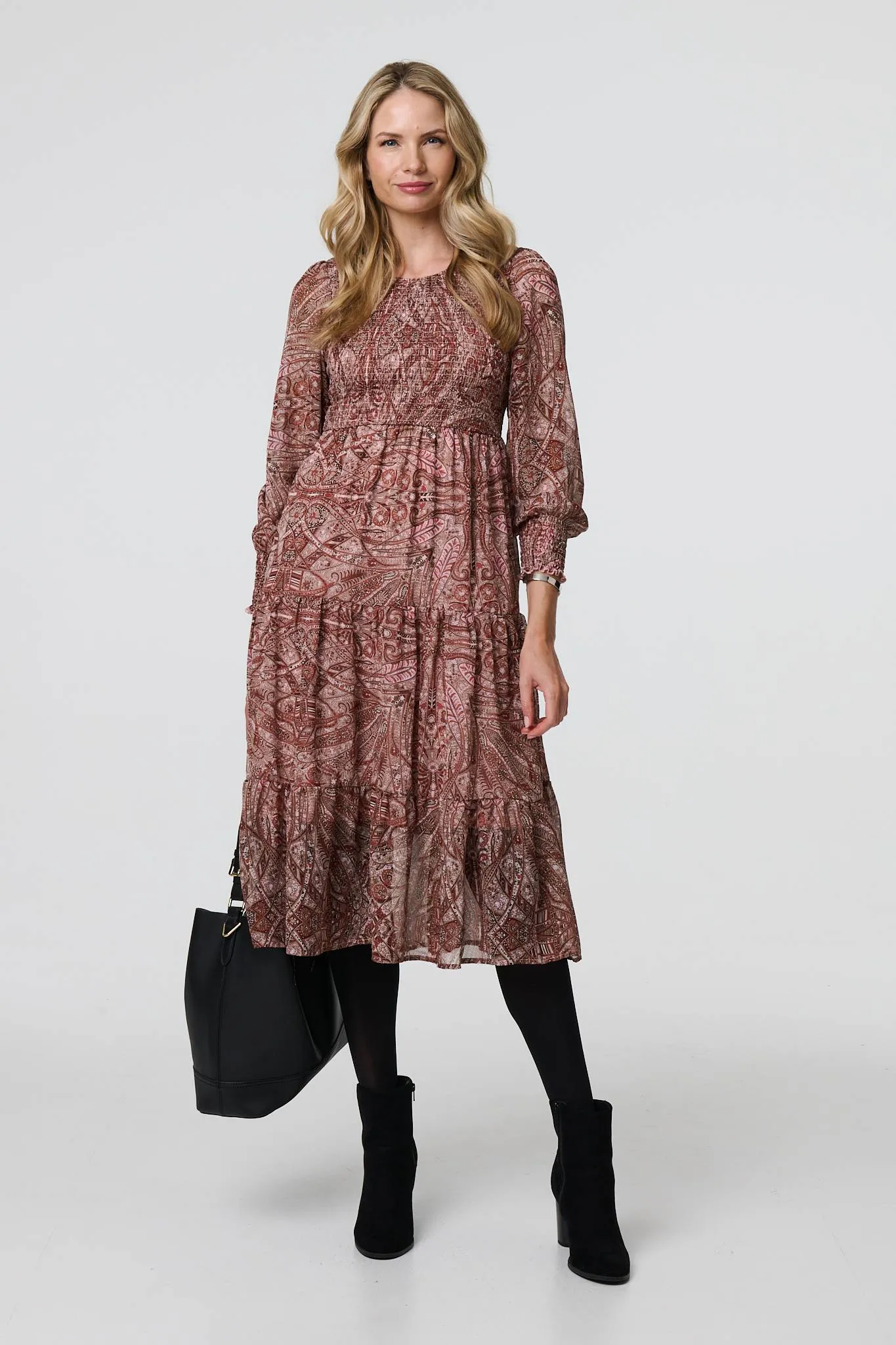 Printed Empire Tiered Midi Smock Dress