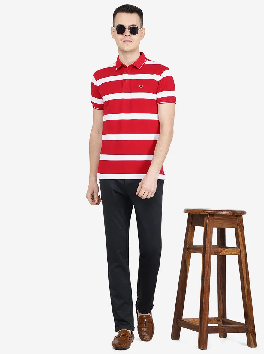 Red & White Striped Slim Fit Polo T-Shirt | Jadeblue