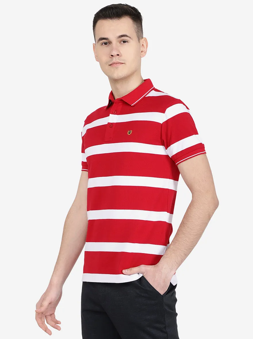 Red & White Striped Slim Fit Polo T-Shirt | Jadeblue