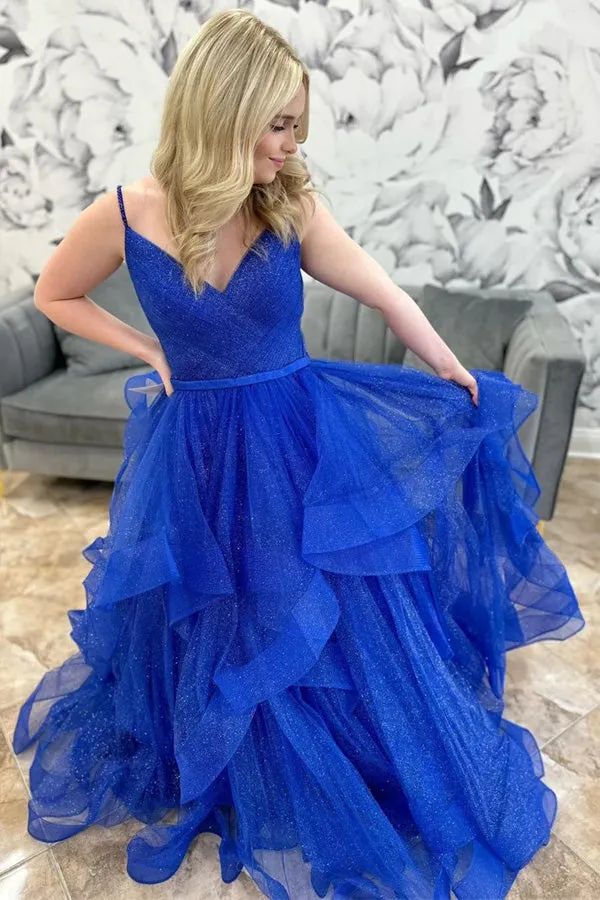 Royal Blue Sparkle Tulle V-Neck Multi-Layer Long Prom Dress PSK510