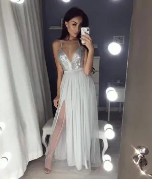 Silver Gray A Line V Neck Backless Tulle Long Prom Dress wtih Leg Slit, Silver Gray Backless Formal Dress, Backless Evening Dress