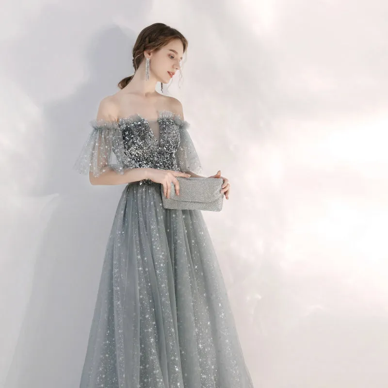 Silver Gray Sparkly Sequins Prom Dress