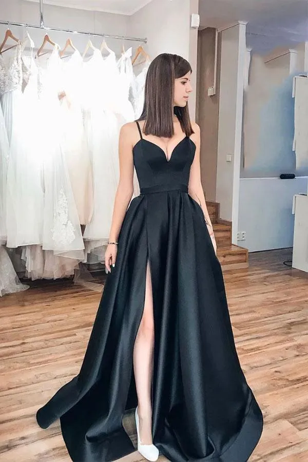 Simple Spaghetti Strap Black Long Prom Dress Evening Dress PSK072