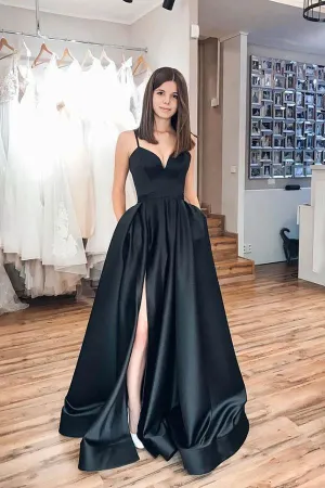 Simple Spaghetti Strap Black Long Prom Dress Evening Dress PSK072