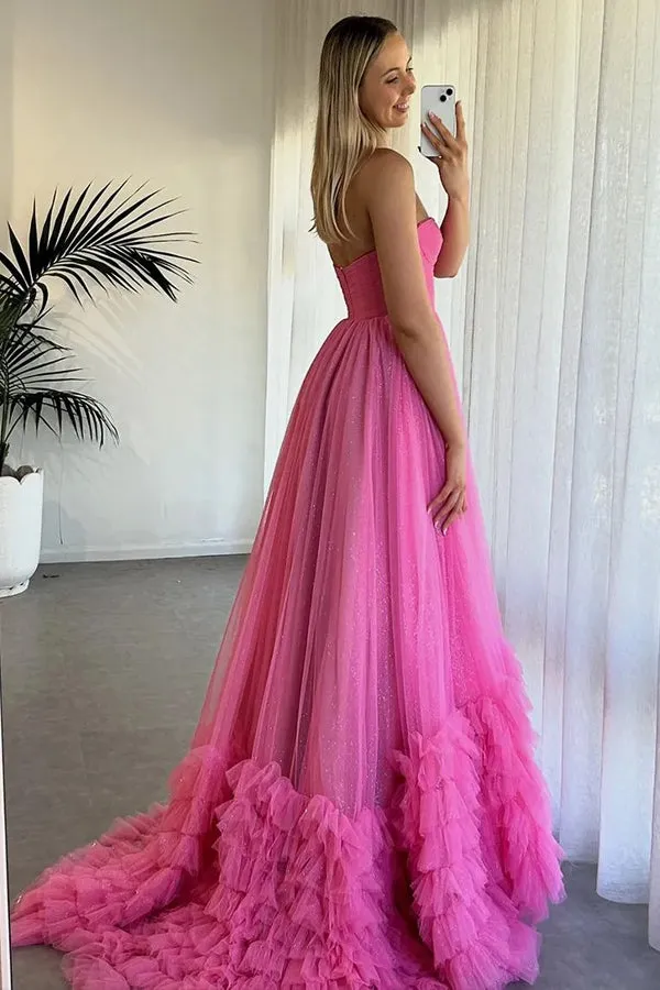 Strapless Corset Ruffles Tulle Fuchsia Long Prom Dress PSK580