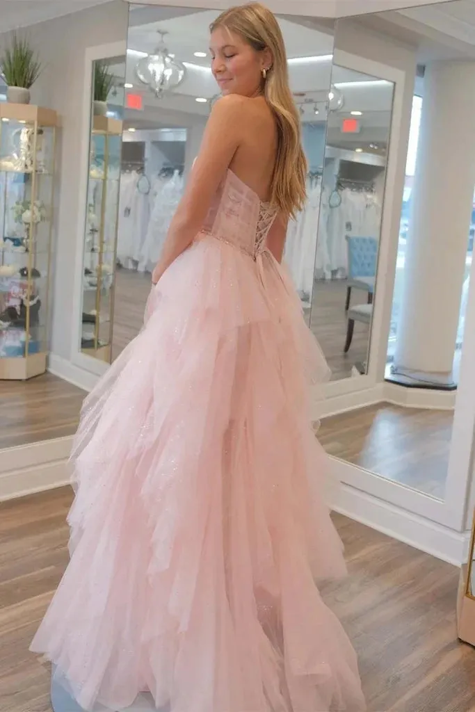 Strapless Light Pink Sequin Beaded Tulle Stunning Prom Dress PSK476