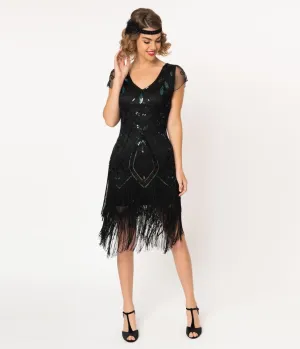 Unique Vintage 1920s Black Beaded Noele Fringe Flapper Dress