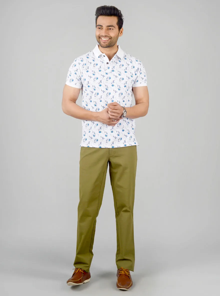 White & Blue Printed Slim Fit Polo T-shirt | Greenfibre