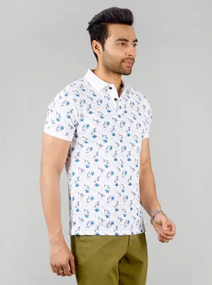 White & Blue Printed Slim Fit Polo T-shirt | Greenfibre