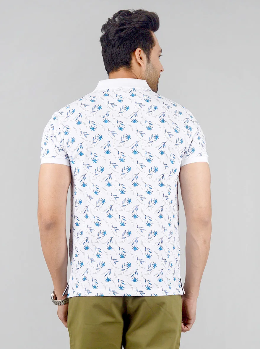 White & Blue Printed Slim Fit Polo T-shirt | Greenfibre